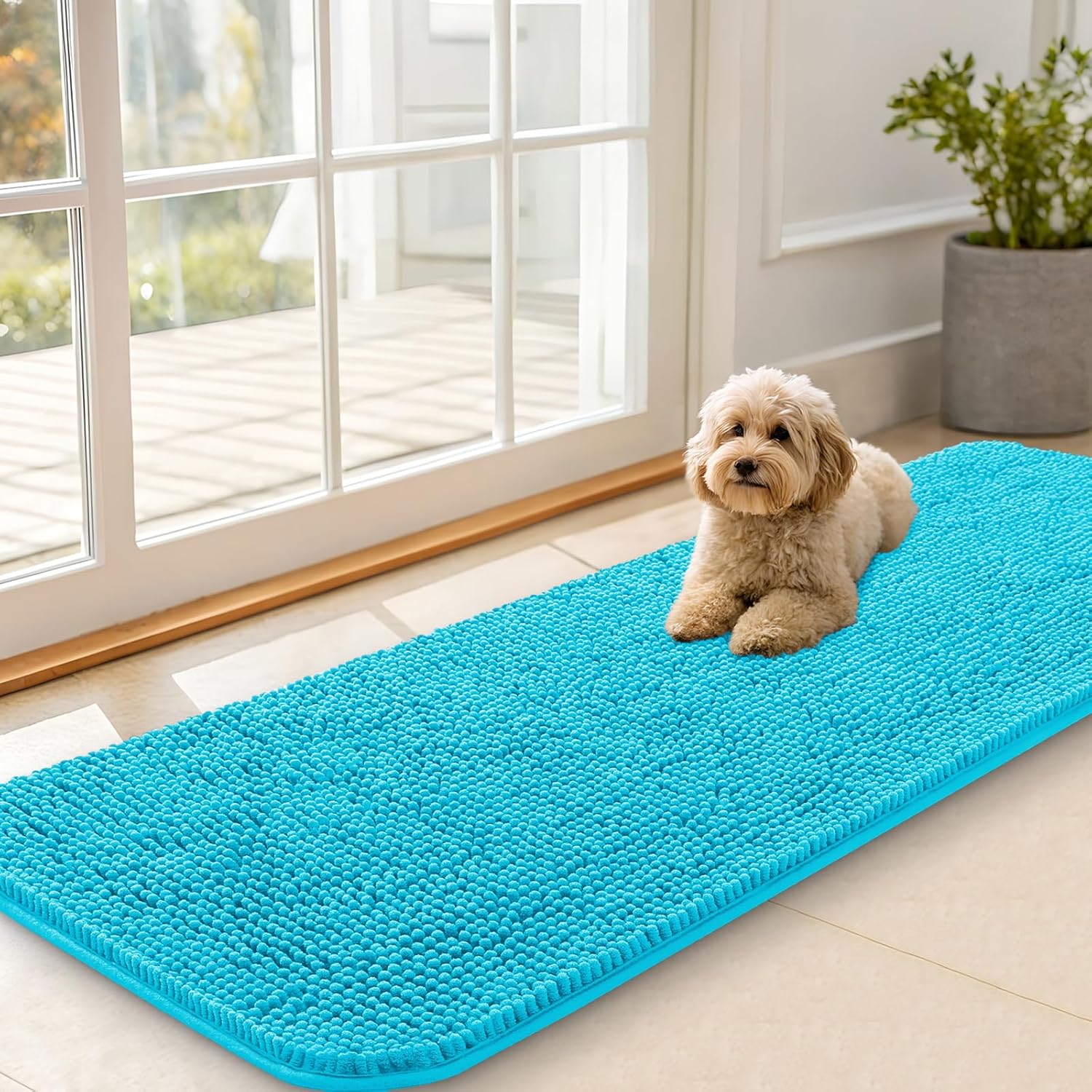 OLANLY Dog Door Mat - Absorbent Non-Slip Chenille Mat for Muddy Paws | 59x20 Inches, Aqua Blue
