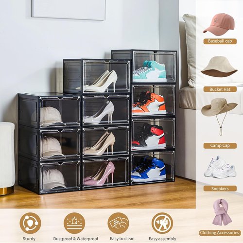 Attelite Hat Organizer - Stackable Baseball Cap Storage Box with Transparent Magnetic Door | Set of 6, Easy Assembly