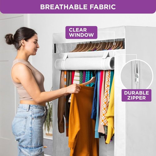 HOLDN’ STORAGE Portable Wardrobe Closet - Durable Clothes Organizer with Heavy Duty Metal Rod | Easy Assembly, White Canvas Cover