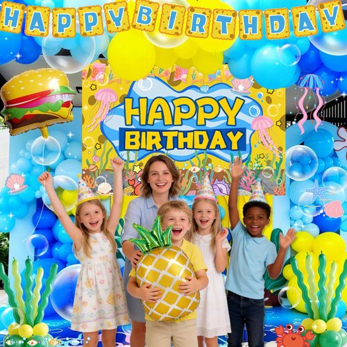 Sponge Birthday Decorations Kit - 153Pcs Under the Sea Party Supplies with Balloon Arch, Backdrop & Video Guide - All-in-One Vibrant Decor for Kids & Teens Birthday, Easy No-Stress Setup