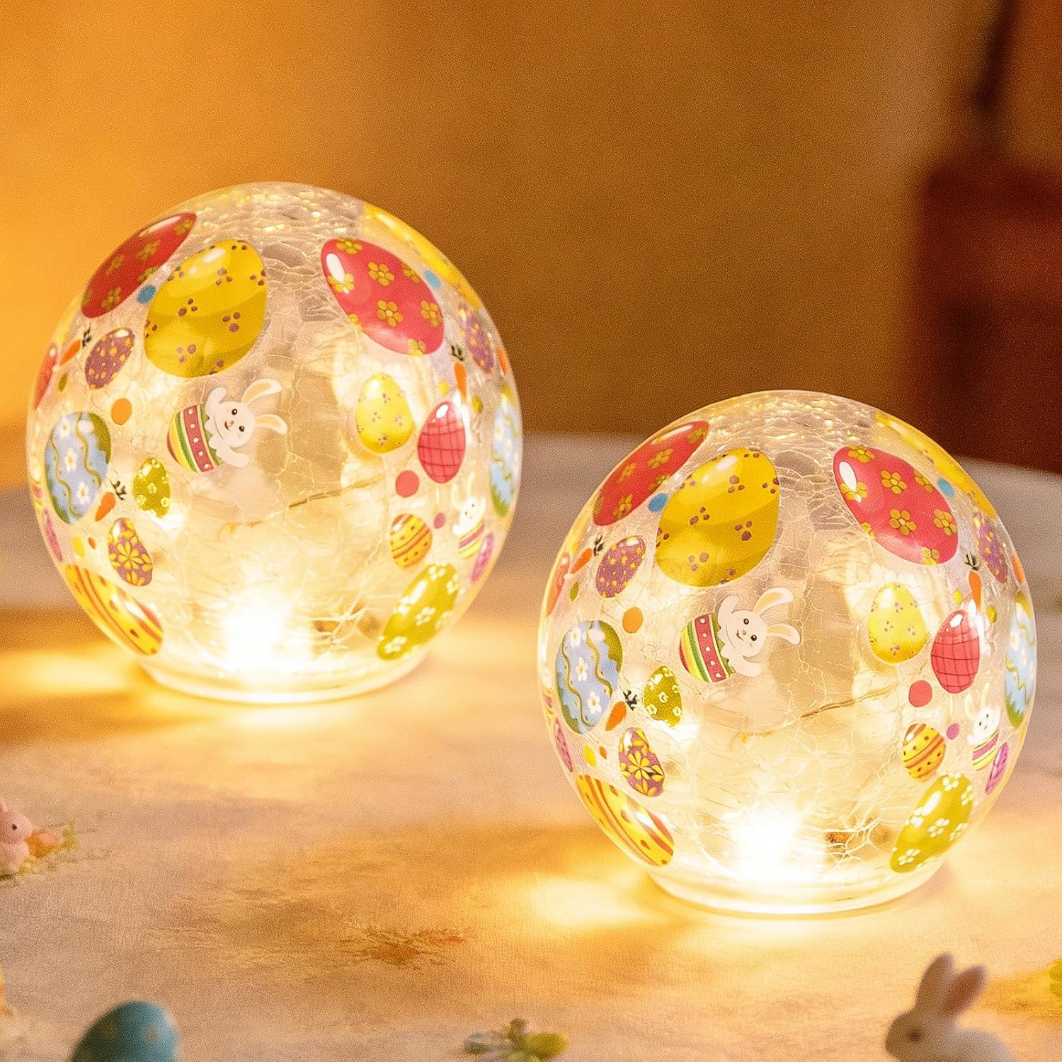 Skiennix Easter Glass Ball Lights - 3.93'' LED Bunny & Egg Decorative Table Lamps | Battery Operated Holiday Decor