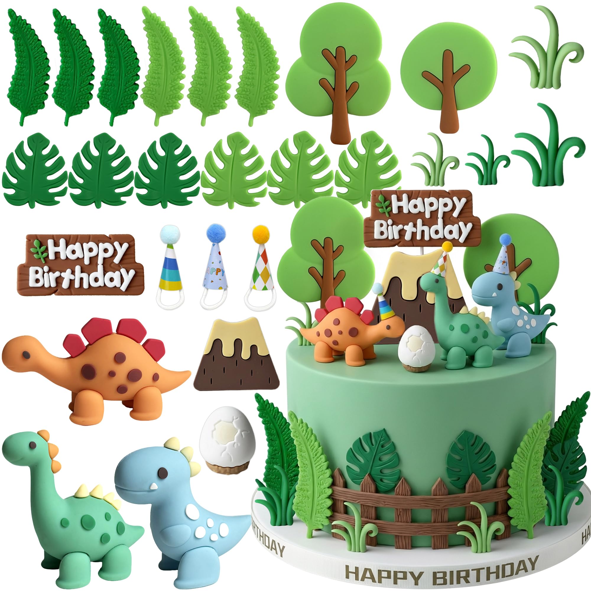 Simpfo-27 PCS Dinosaur Cake Topper, Birthday Decorations Set with Dinosaur Eggs, Jungle Leaves - Reusable Dinosaur Cake Decorations for Kids, Dino Theme Party Supplies for Boys Girls Toddler（Simpfo）