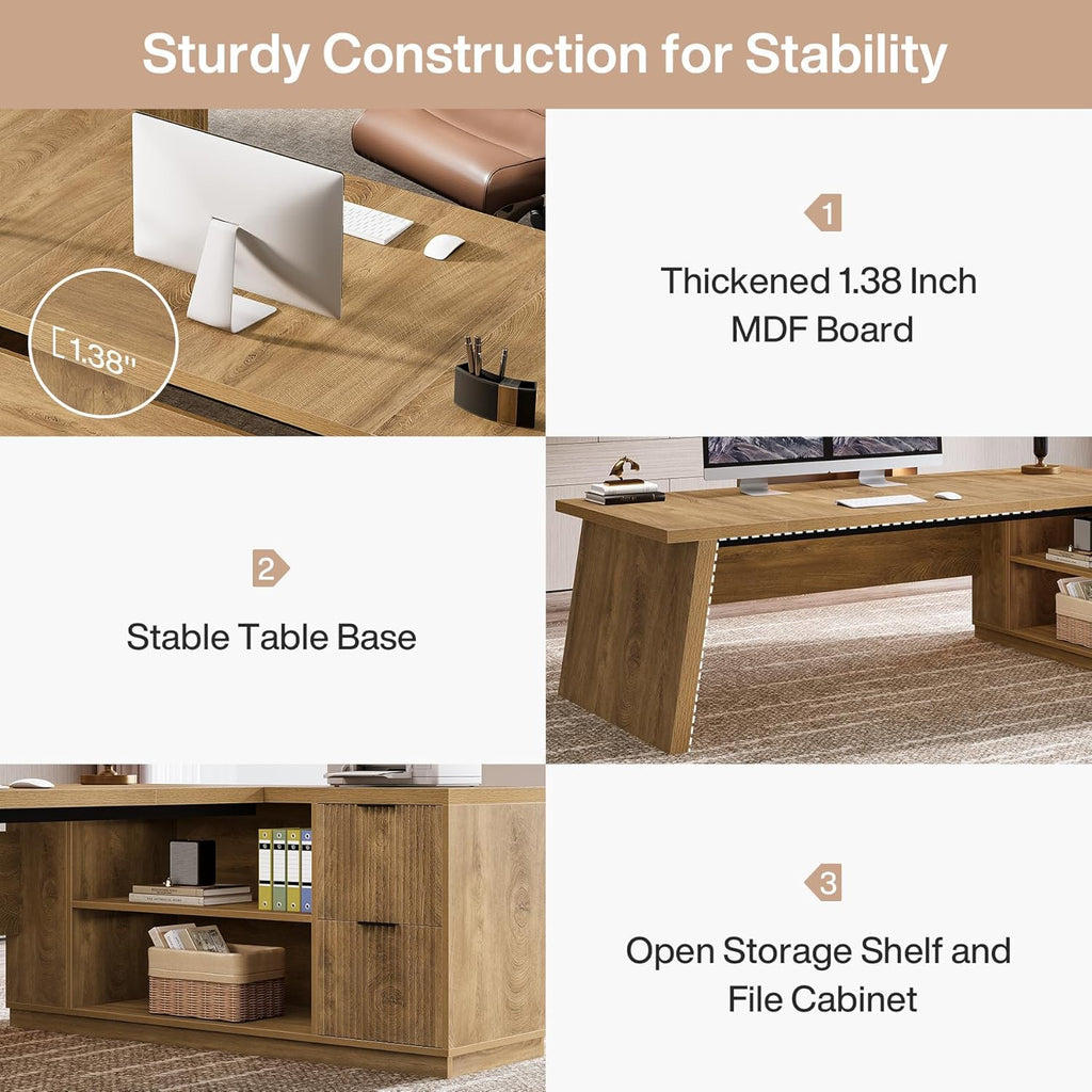 Tribesigns L Shaped Desk - Modern 78" Executive Office Table with Drawers & File Cabinet | Brown