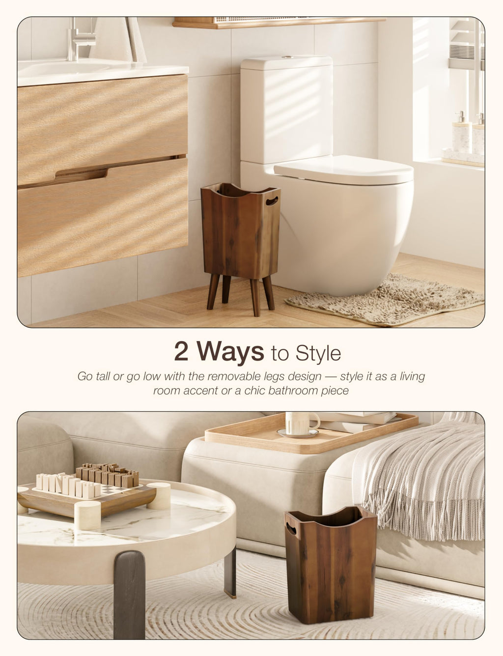 Tidita 2 Gallons Wooden Trash Can 4 Legs - Acacia Wooden Bin, Wood Bathroom Accessories - Small Bin, Waste Basket for Bedroom, Office Garbage Can - Bathroom Trash Can, Patent Pending (Walnut Color)
