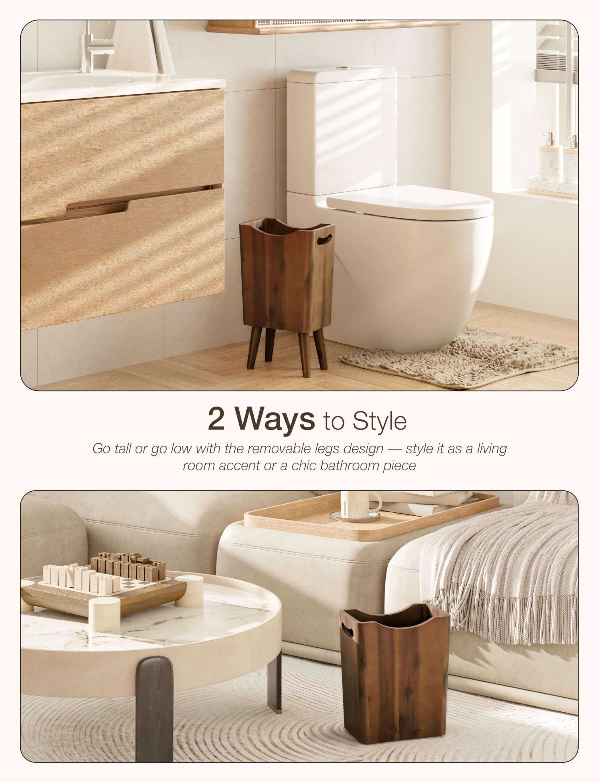 Tidita 2 Gallons Wooden Trash Can 4 Legs - Acacia Wooden Bin, Wood Bathroom Accessories - Small Bin, Waste Basket for Bedroom, Office Garbage Can - Bathroom Trash Can, Patent Pending (Walnut Color)