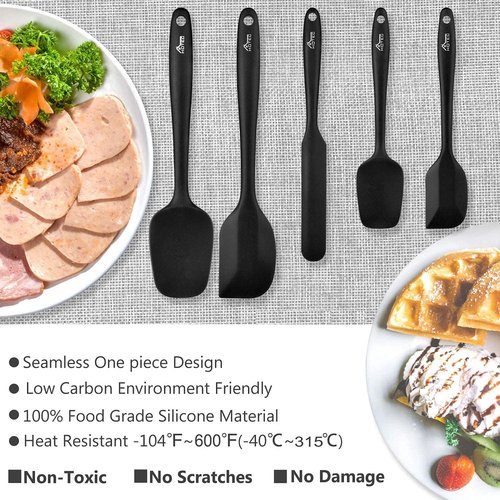 HOTEC Silicone Rubber Spatula Set - 600℉ Heat Resistant, BPA-Free, Dishwasher Safe | Black, Set of 5