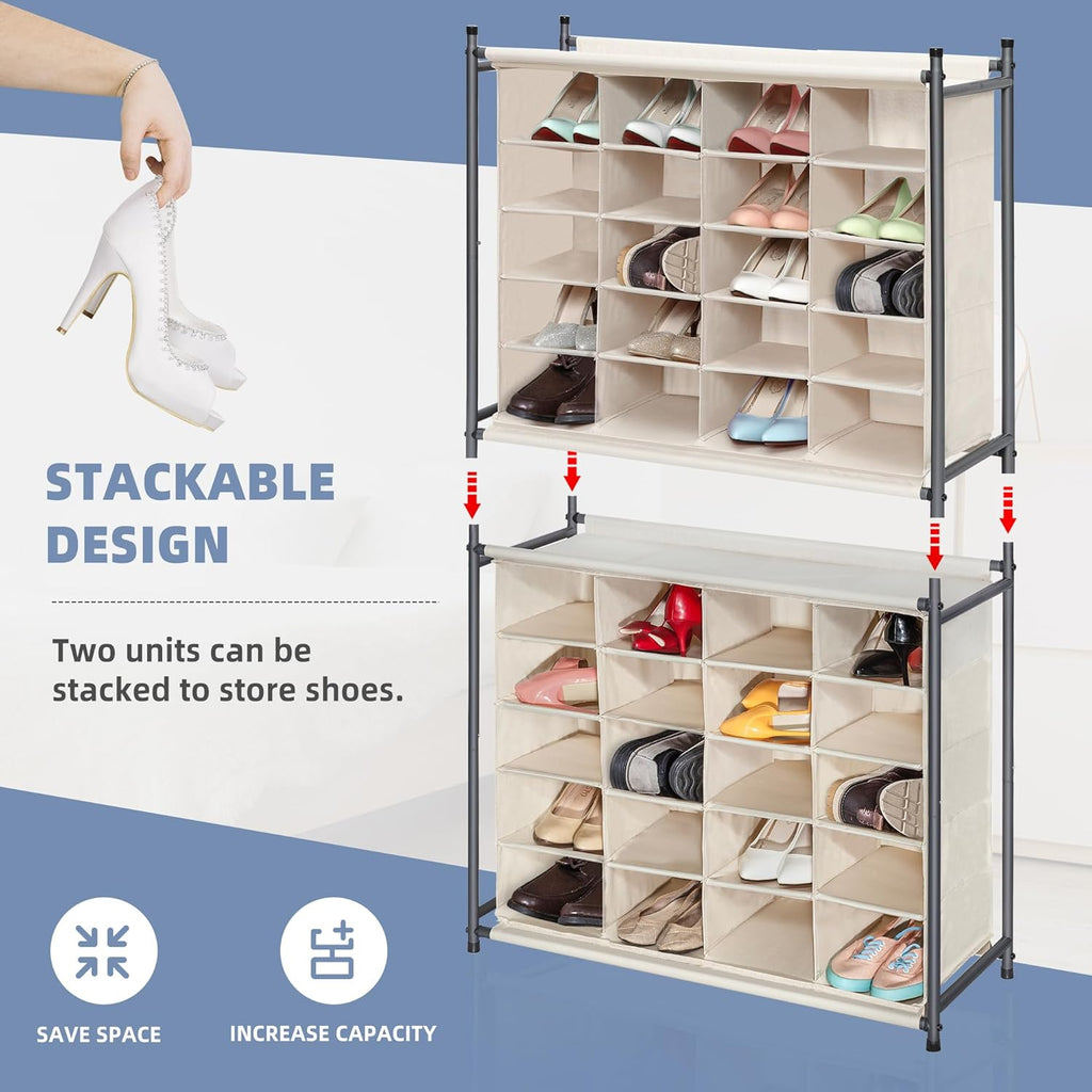 Storage Maniac Stackable Shoe Cubby Organizer - 20-Cube Free Standing Rack in Beige for Entryway & Closet