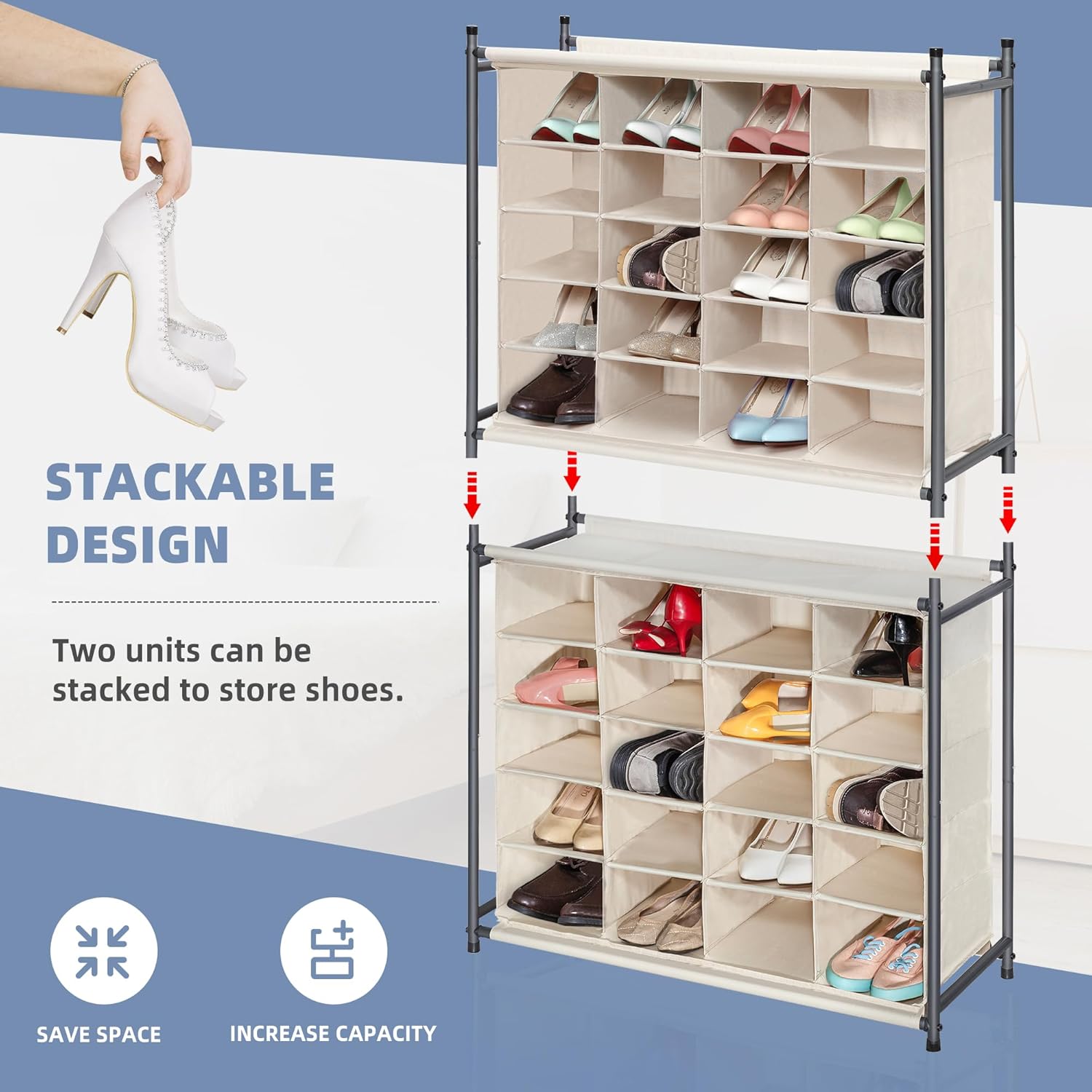 Storage Maniac Stackable Shoe Cubby Organizer - 20-Cube Free Standing Rack in Beige for Entryway & Closet