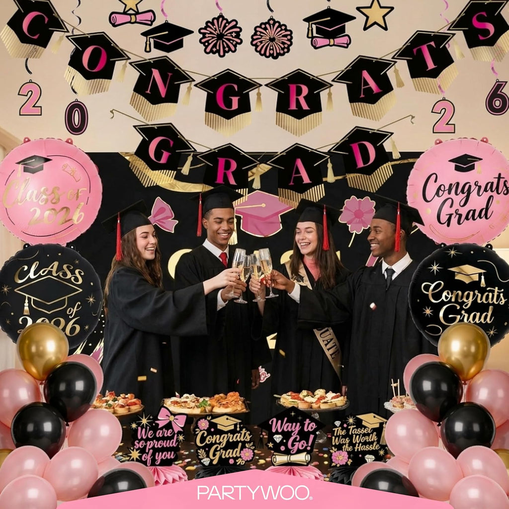 PartyWoo Graduation Decorations - Class of 2026 Black, Pink & Gold 40pcs Set with Backdrop & Balloons
