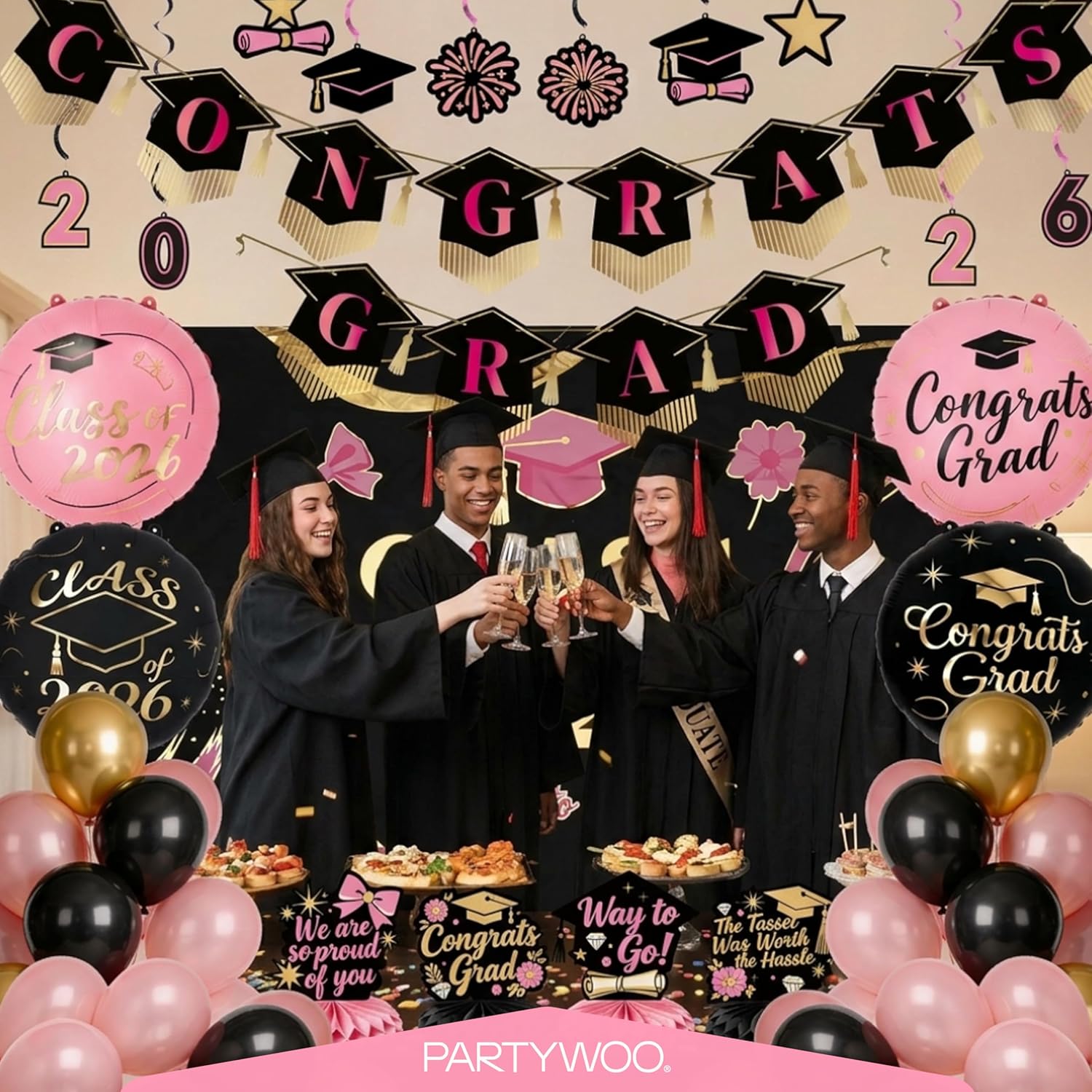 PartyWoo Graduation Decorations - Class of 2026 Black, Pink & Gold 40pcs Set with Backdrop & Balloons