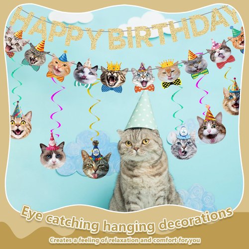 KINGZONE Cat Happy Birthday Banner - Cat Birthday Decorations Party Decor Supplies for Kids, Boys, Girls