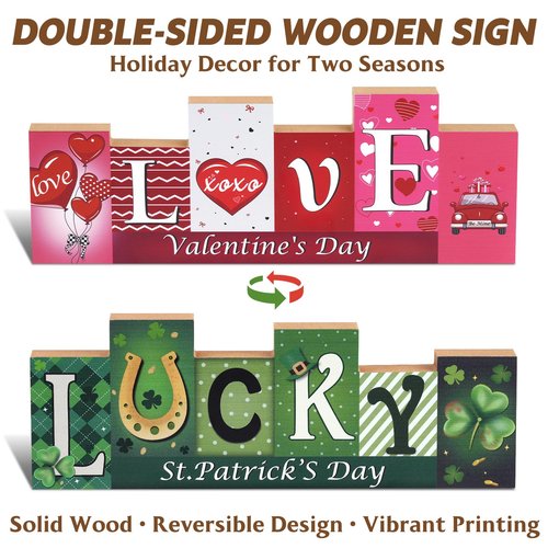 Shaxcoq Valentine Decorations for Home & Valentines Day Decor, St. Patrick's Day Decorations – Double-Sided Tabletop Wooden Sign, Farmhouse Centerpieces for Table, Desk, Mantel, Fireplace Indoor