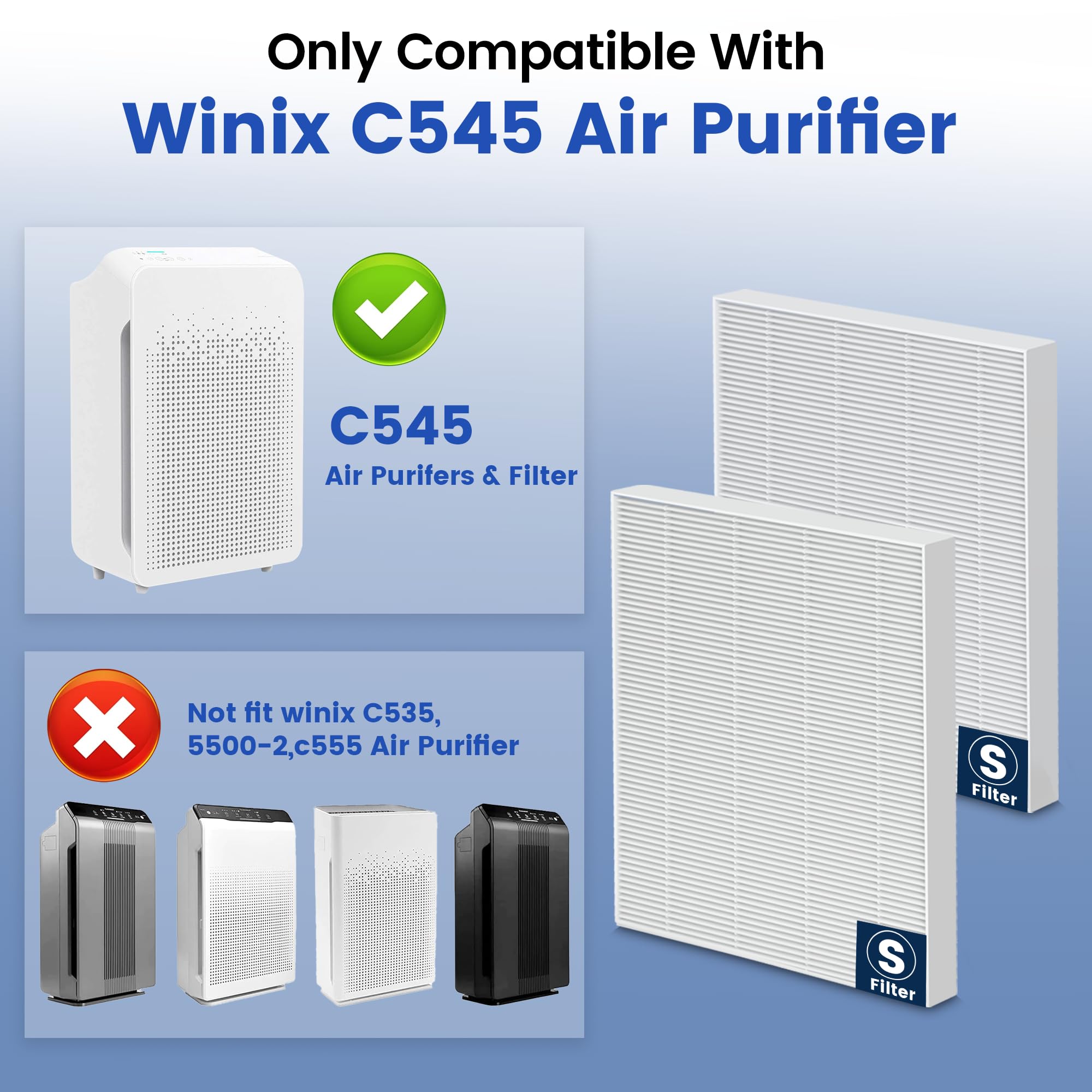 4 Pack C545 Replacement Filter S Compatible with Winix C545 Air Purifier, H13 True Filter S Only, Part number 1712-0096-00 and 2522-0058-00