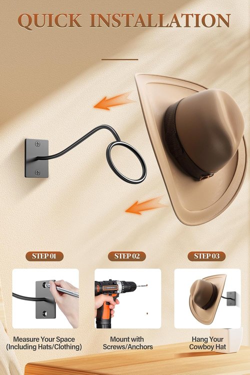 Cinati Cowboy Hat Rack - 4 Pack Wall-Mounted Rustic Metal Hat Holders | Ideal for Cowboy, Fedora & Sun Hats