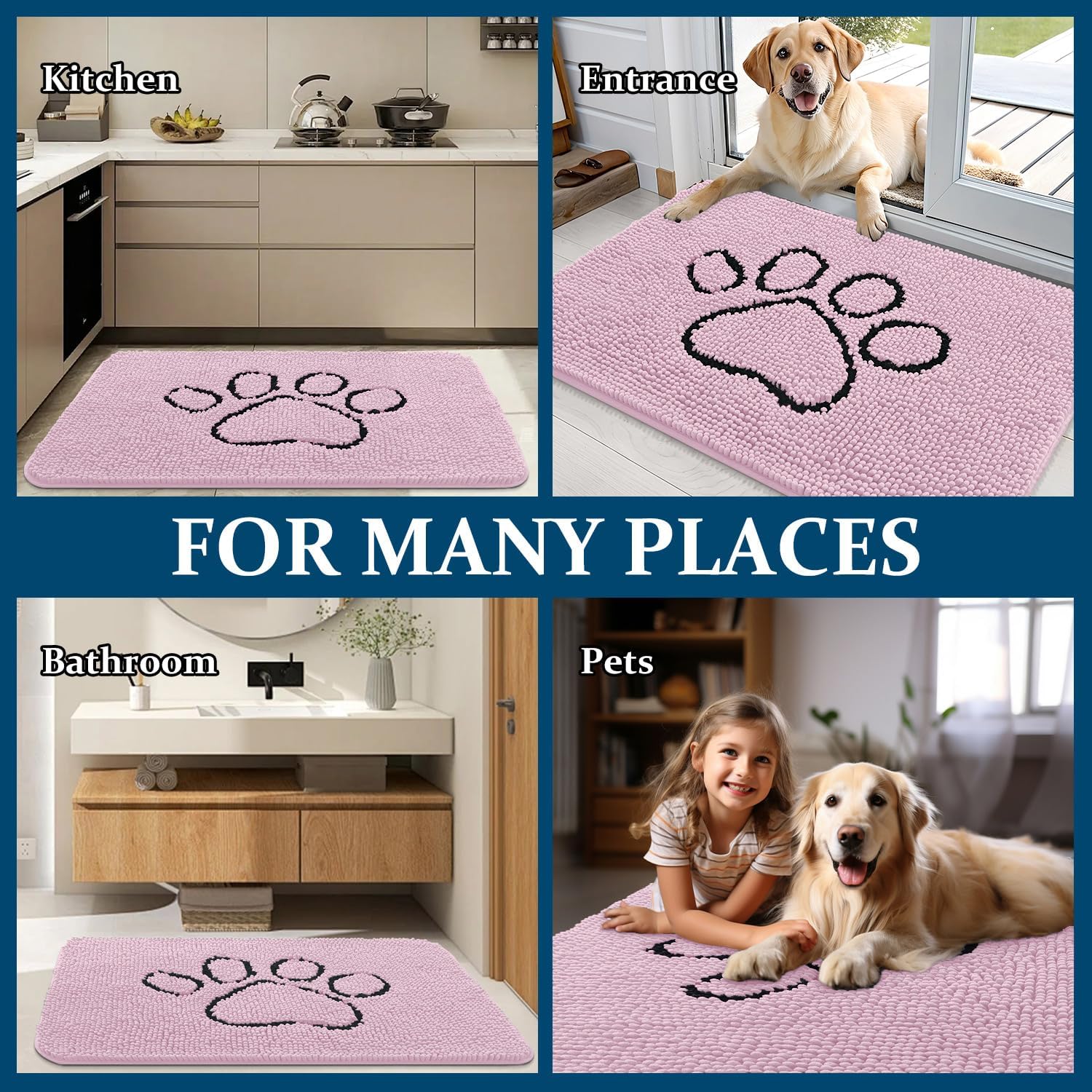 OLANLY Dog Door Mat - Muddy Paws Absorbent Chenille Doormat | Non-Slip, Quick Dry, 36x24, Dusty Rose