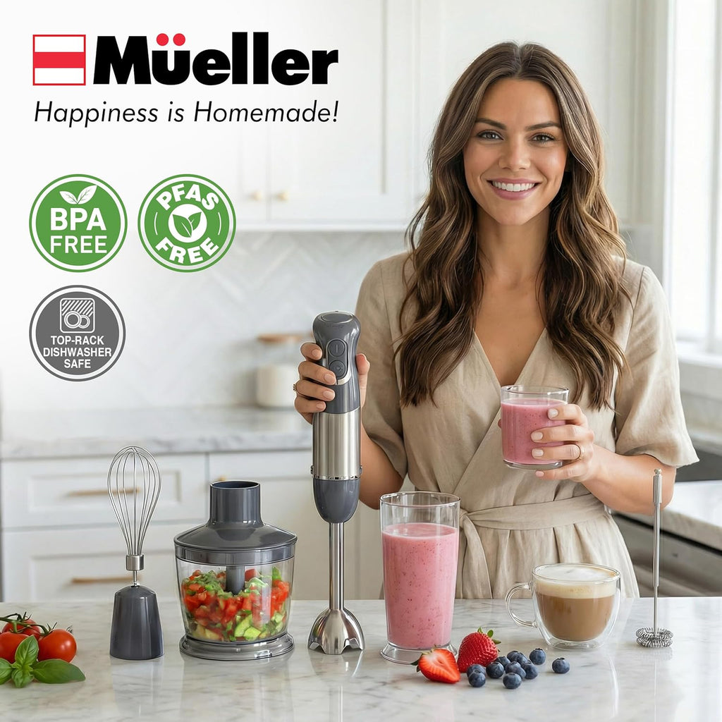 Mueller Multistick 5-in-1 Immersion Blender - 12-Speed Hand Mixer with Turbo Boost & Titanium Blades - Grey