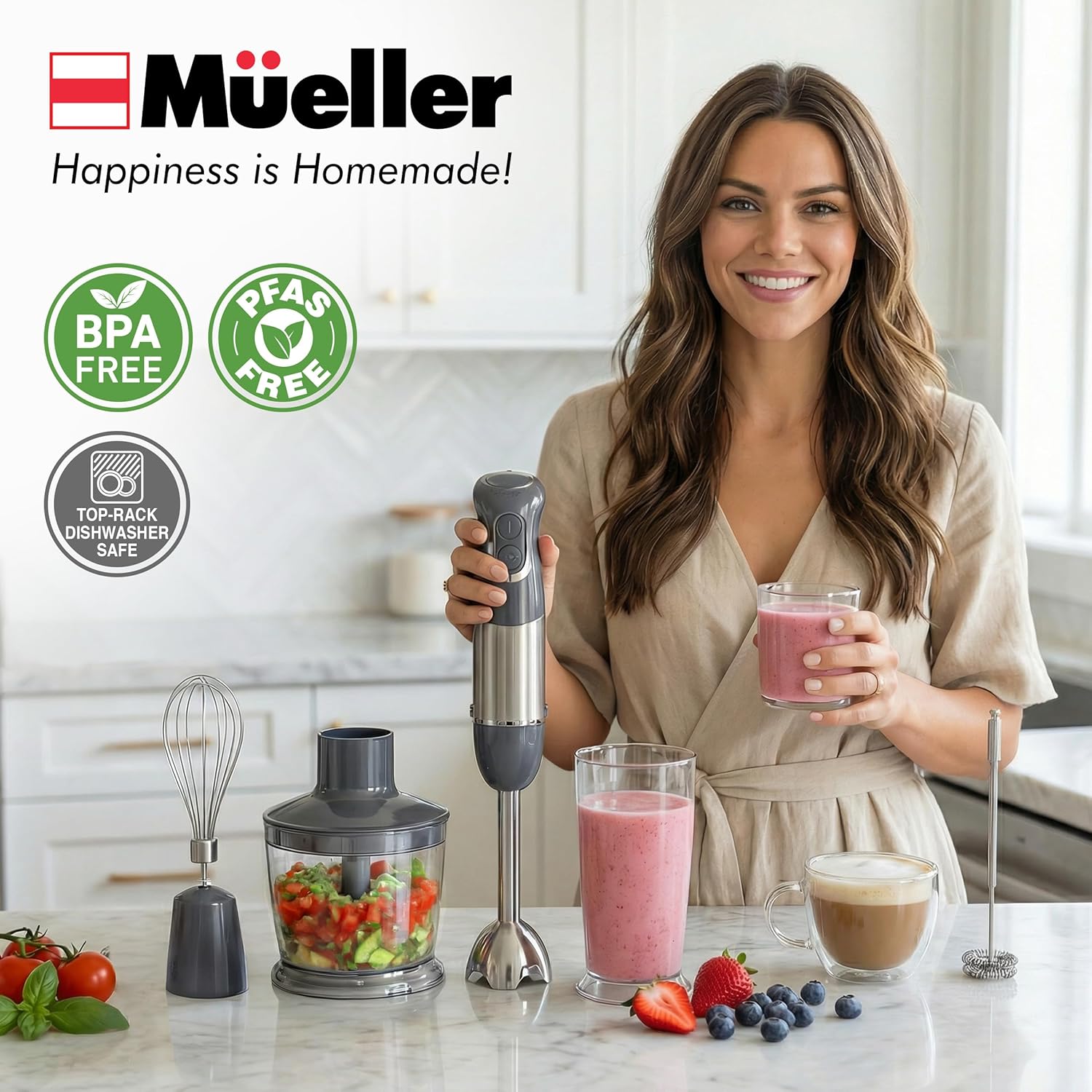 Mueller Multistick 5-in-1 Immersion Blender - 12-Speed Hand Mixer with Turbo Boost & Titanium Blades - Grey