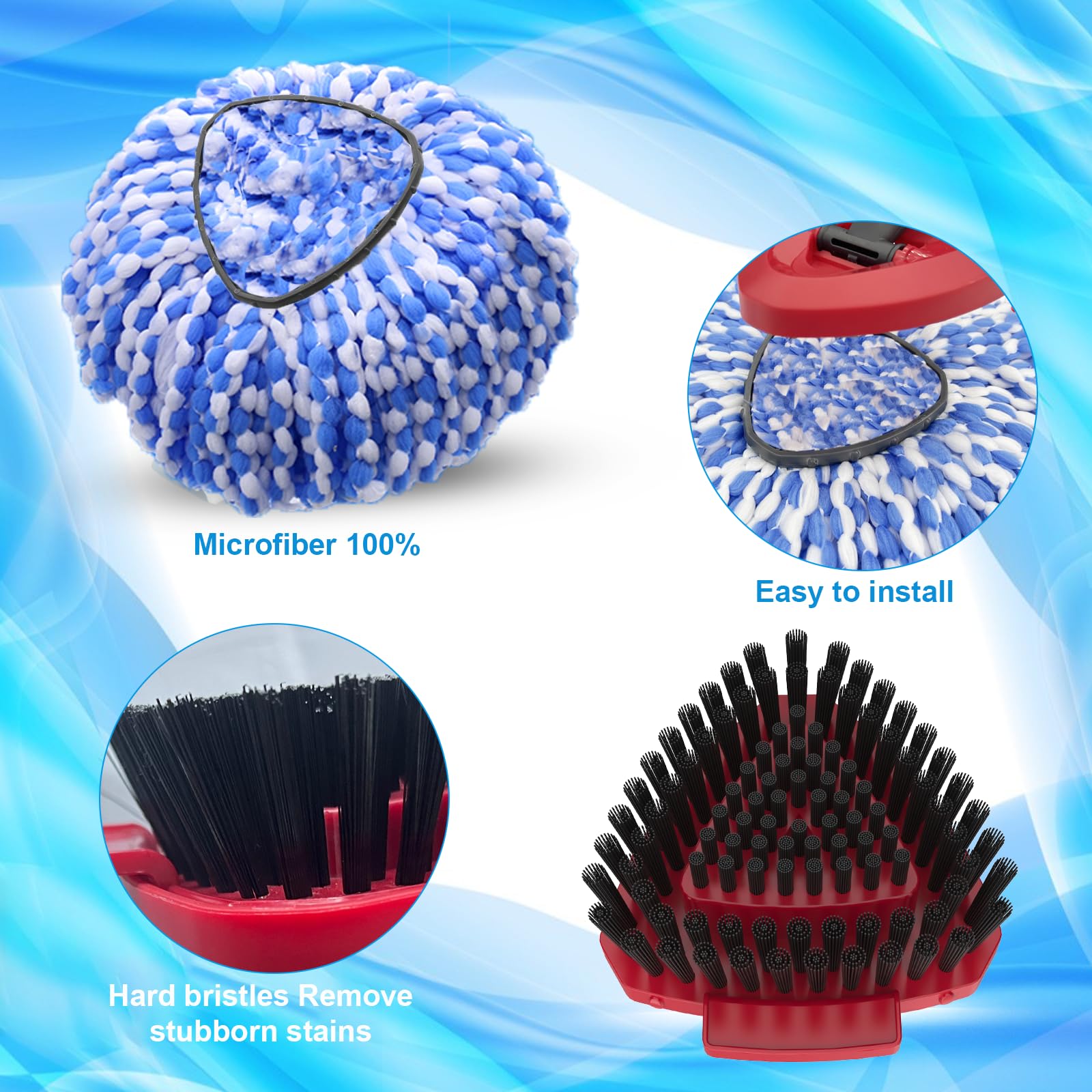 Fatmass Spin Mop Head and Brush Replacement Compatible with O Cedar EasyWring 1-Tank System, 4 Mop Replace Heads, 1 Handle, 1 Base and 1 Scrub Brush Combo Set