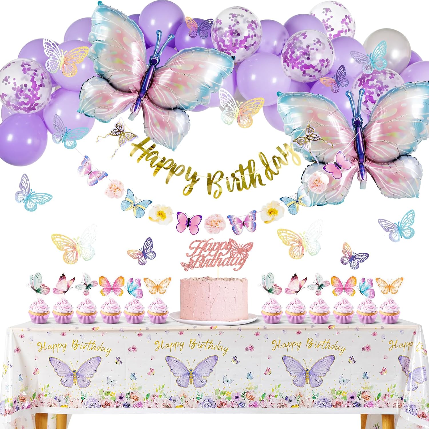 Butterfly Birthday Decorations - Purple Party Supplies with Balloons & Happy Birthday Banner
