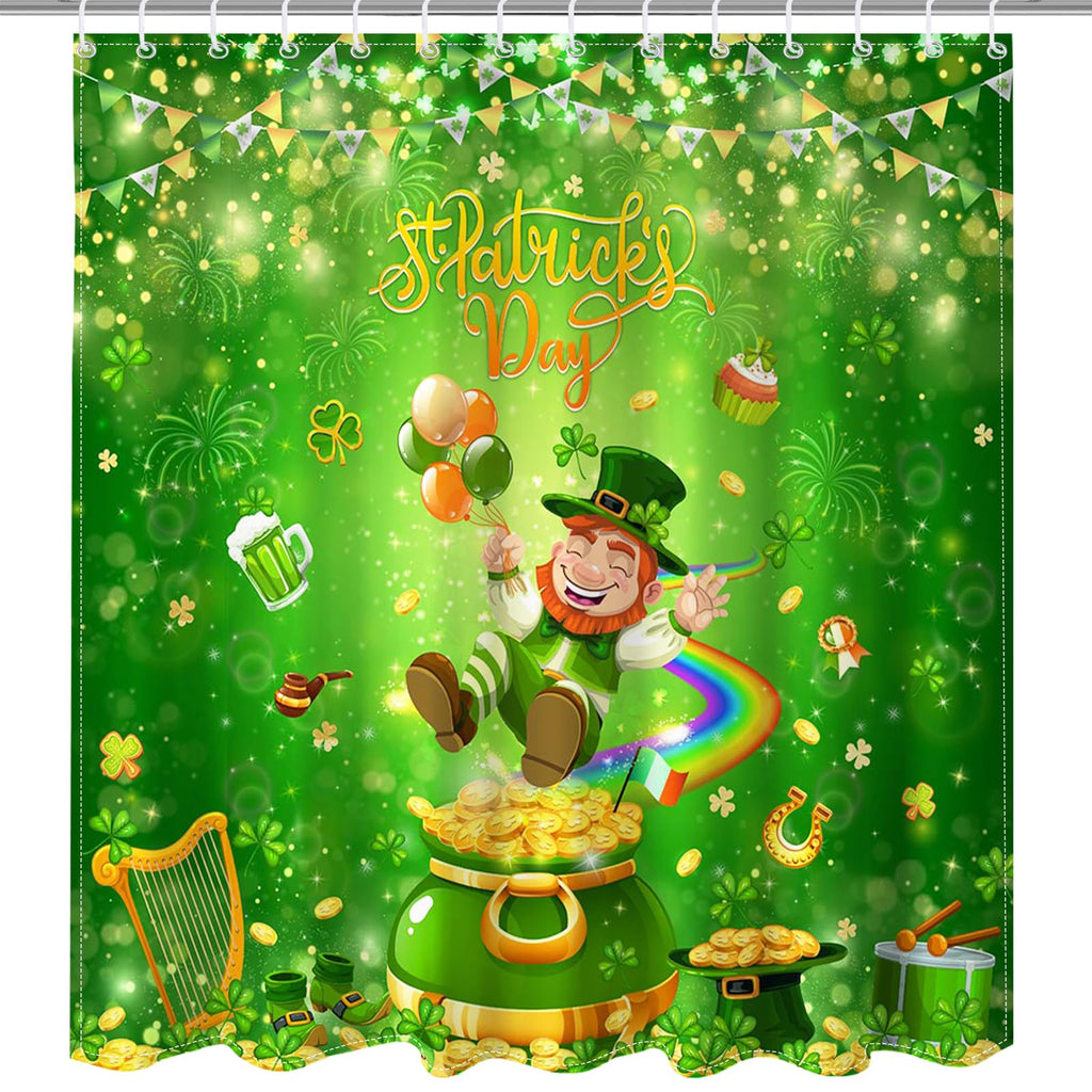 Mocsicka Happy St Patricks Day Shower Curtain for Bathroom, Green Clover Gnomes Bath Curtain Irish Lucky Leaf Spring Shower Curtain with 12 Hooks, 72 X 72 Inch Waterproof (Green, 72''x 72'')