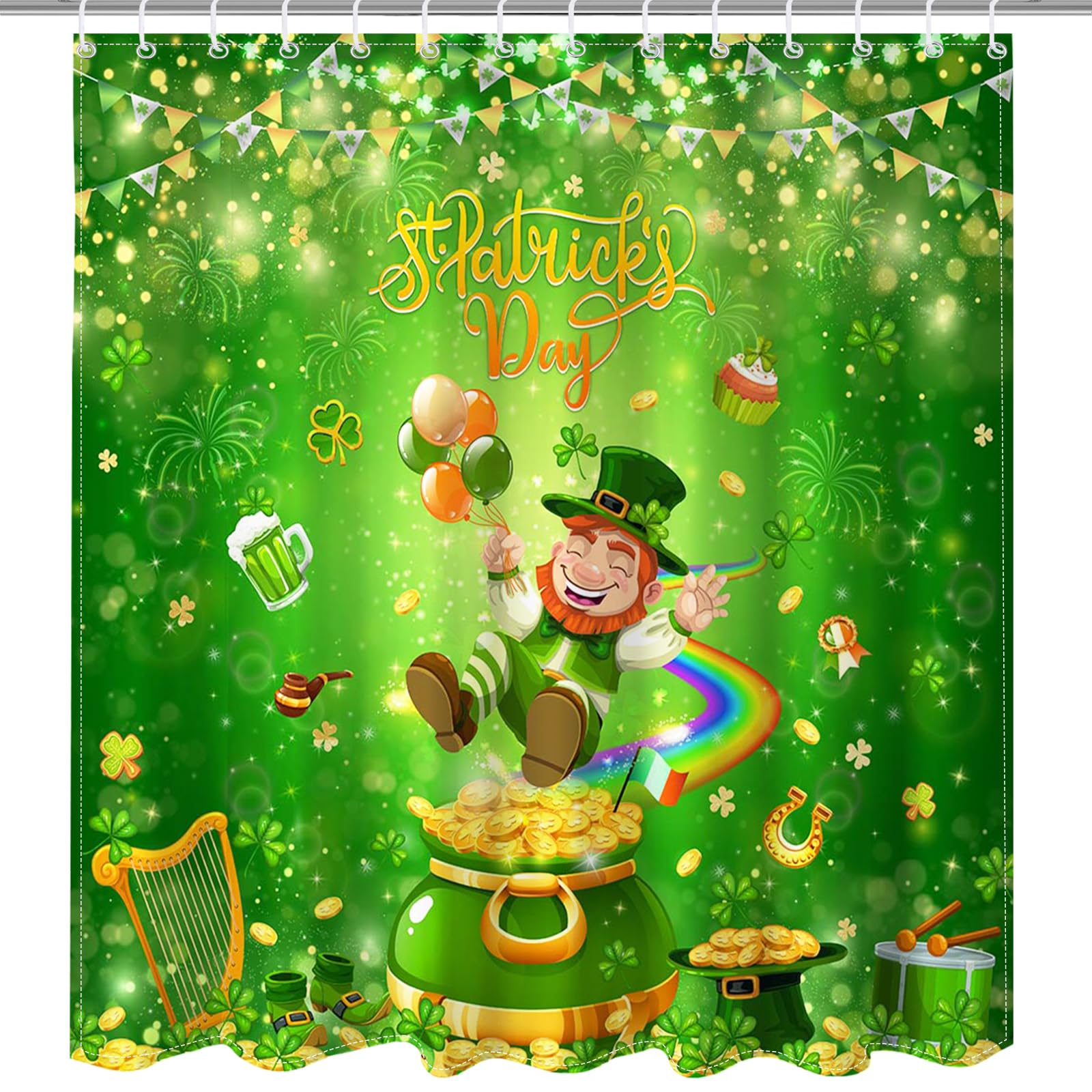Mocsicka Happy St Patricks Day Shower Curtain for Bathroom, Green Clover Gnomes Bath Curtain Irish Lucky Leaf Spring Shower Curtain with 12 Hooks, 72 X 72 Inch Waterproof (Green, 72''x 72'')