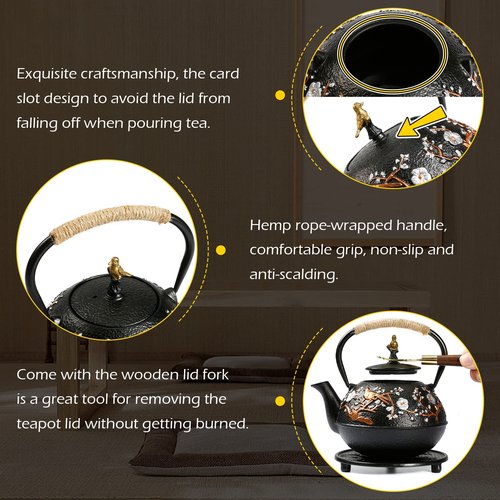 Dyna-Living Cast Iron Teapot with Warmer Japanese Tea Kettle 720ml/24.5oz Japanese Cast Iron Teapot Set with 2 Tea Cups Tea Pot with Infuser Tea Kettle for Wood Stove or Stovetop