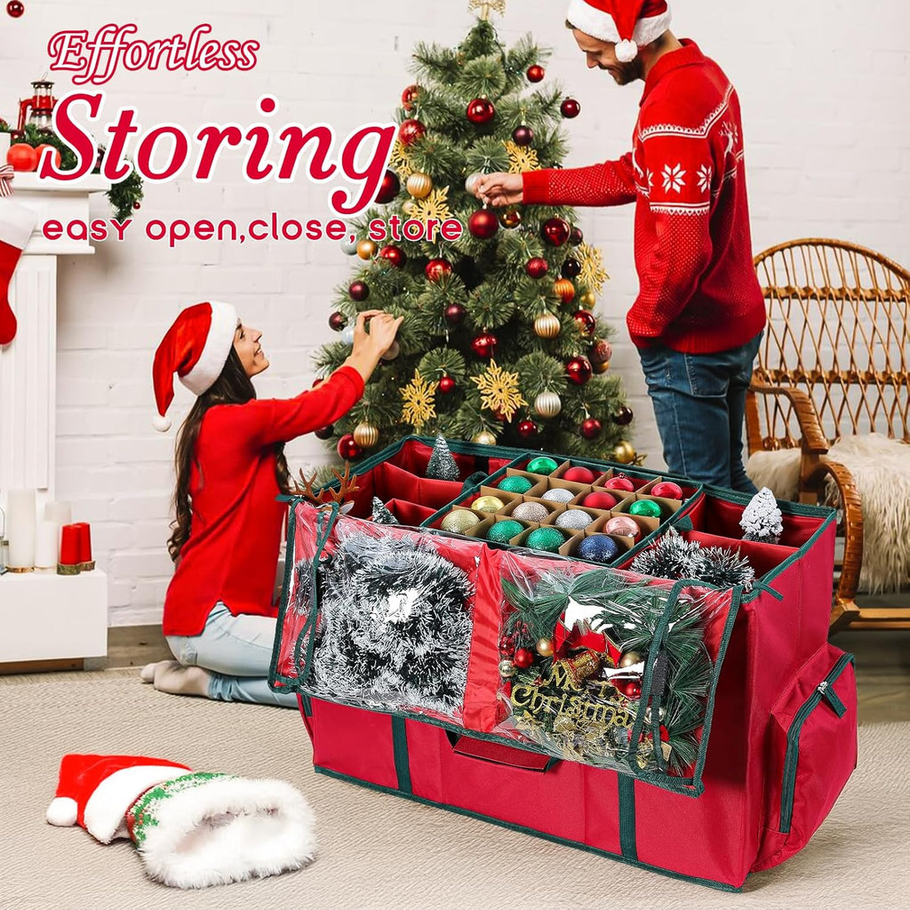 Skiennix 2-In-1 Christmas Ornament Organizer Box - Holds 73 Holiday Ornaments | Adjustable Space & Pockets for Figurines