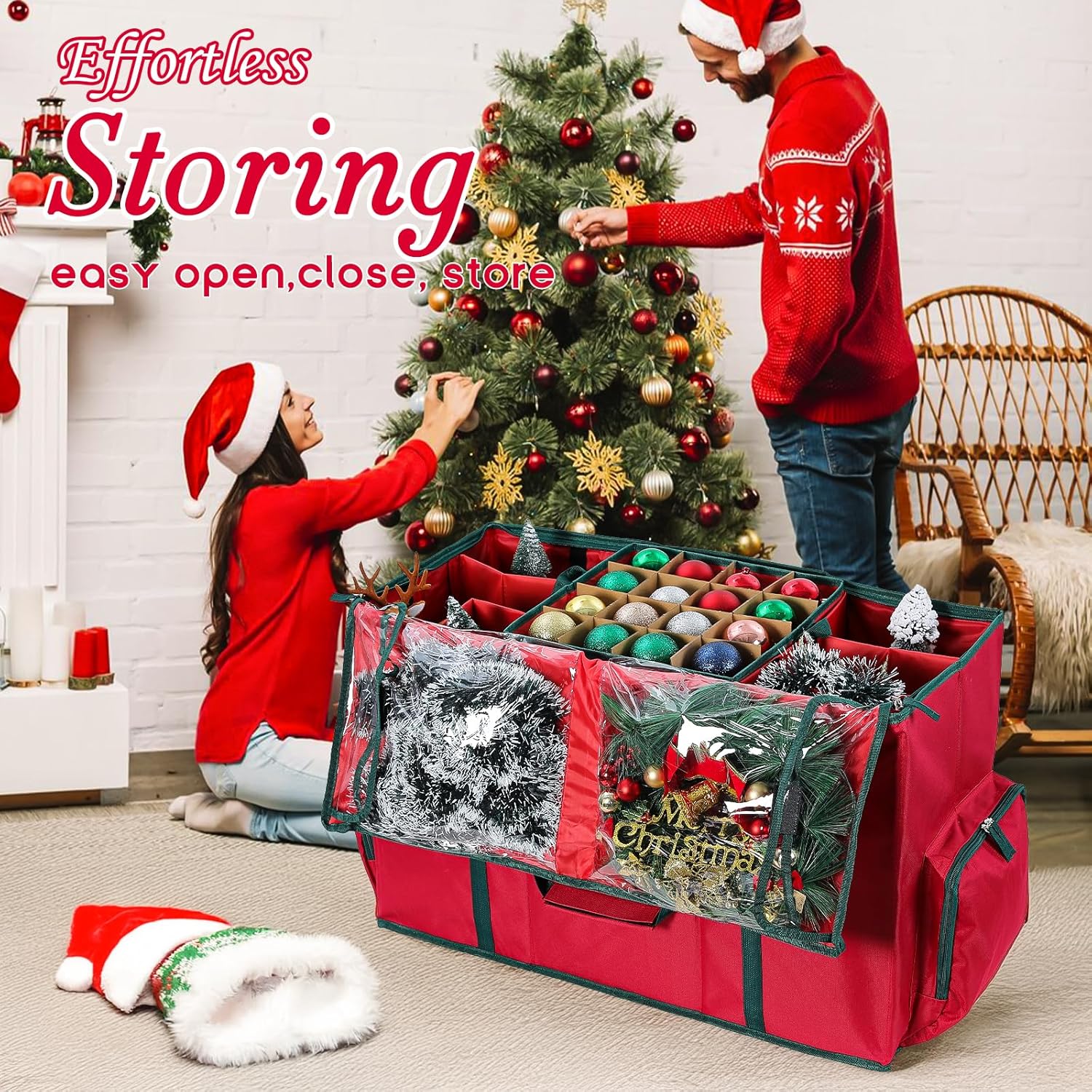 Skiennix 2-In-1 Christmas Ornament Organizer Box - Holds 73 Holiday Ornaments | Adjustable Space & Pockets for Figurines