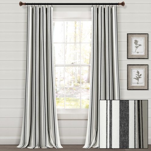 Lush Decor Farmhouse Stripe Yarn Dyed Eco-Friendly Recycled Cotton Blend Window Curtain Panel Pair, 42" W x 108" L, Black - Classic Modern Rustic Charm - Eco Friendly Cotton Fabric