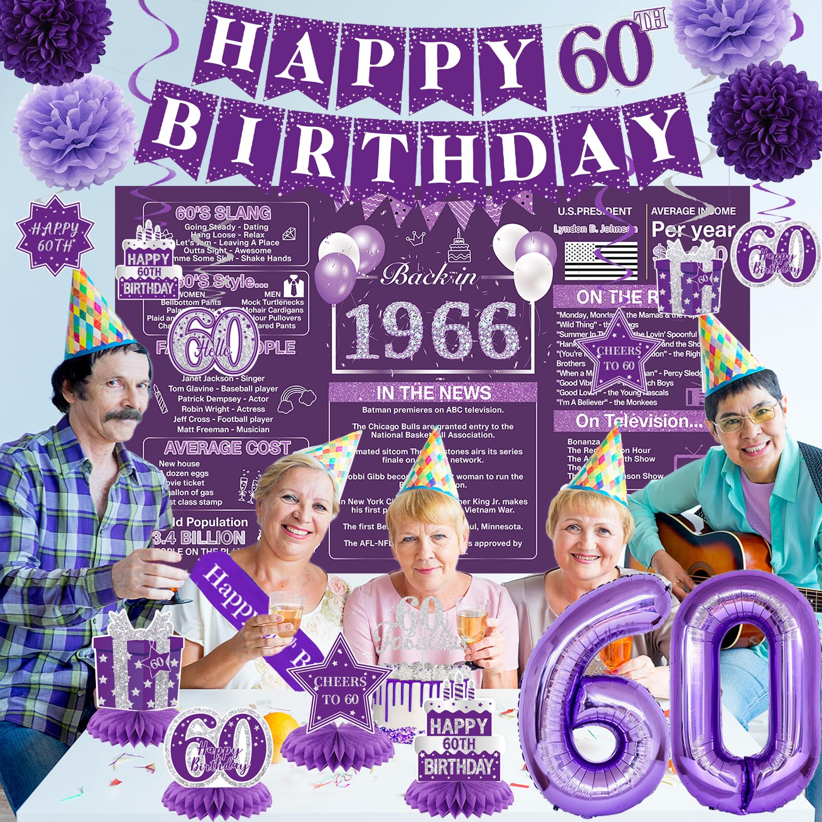 Crenics Purple 60th Birthday Decorations for Women - Back in 1966 Backdrop, Banner, Swirls, Centerpieces, Sash, Paper Pom Poms, Cake Topper and Balloons for 60 Birthday Party Supplies