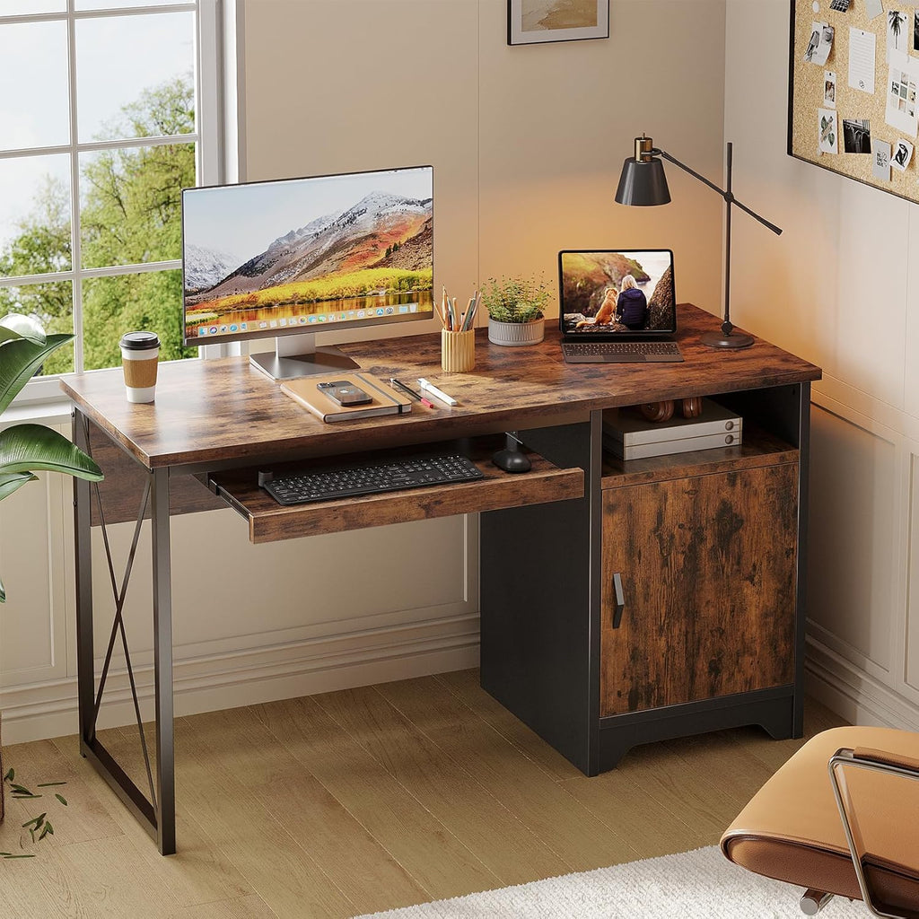 Bestier Office Desk - 47 Inch Industrial Computer Desk with Keyboard Tray & File Cabinet | Rustic Brown