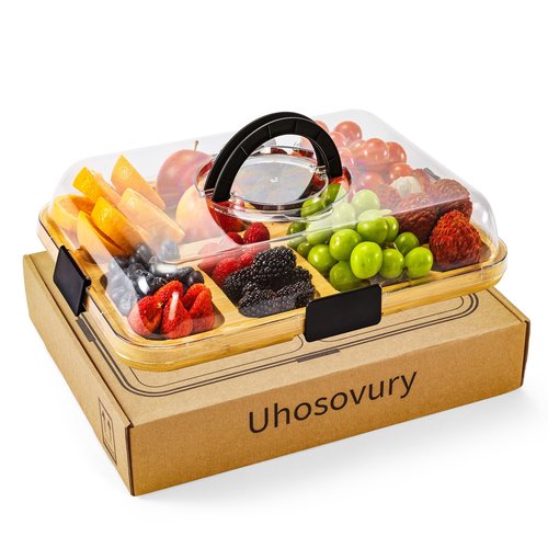 Charcuterie Board with Clear Lid, Portable Cheese Board with Dust-Proof Cover, Reversible Bamboo Cutting Board & Snack Tray, Easy-Open Latches for Picnics, Parties, Housewarming Gifts (6 Compartments)