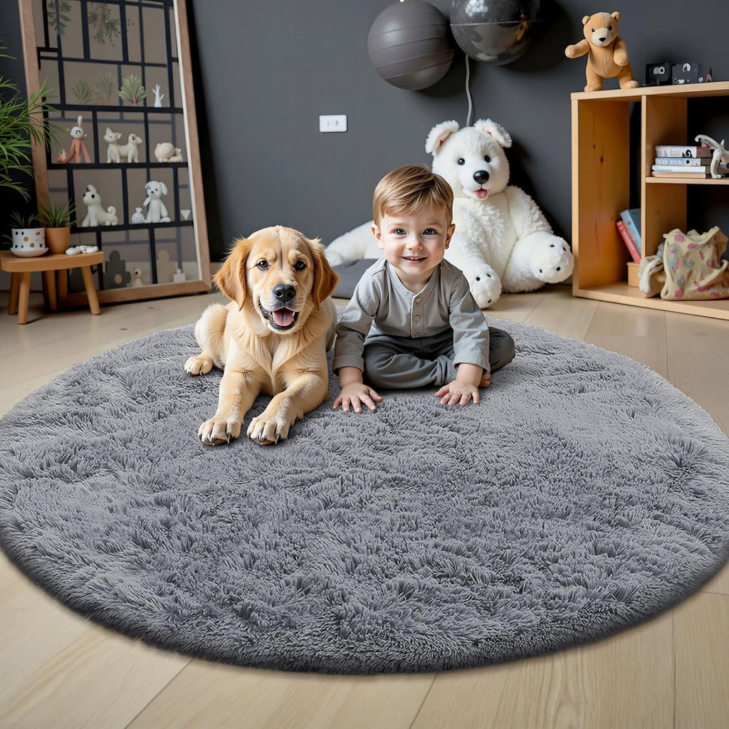 OLANLY Round Light Grey Area Rug - Soft, Fluffy, Machine Washable 6 ft Circle Carpet for Bedrooms & Nurseries