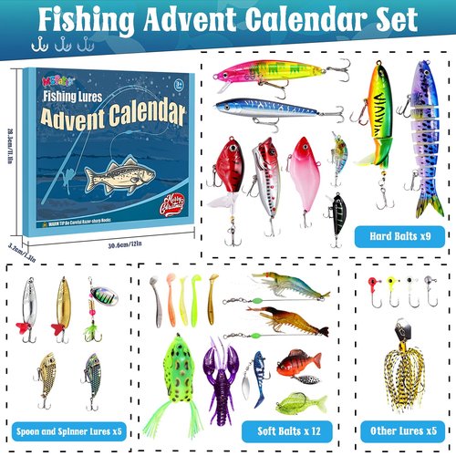 Fishing Advent Calendar 2025 for Adults Teens Men Boys – 24 Days Christmas Countdown Fishing Lures Tackle Kit Bass Trout Fishing Advent Calendar for Dad Husband Boyfriend Him Christmas Gift