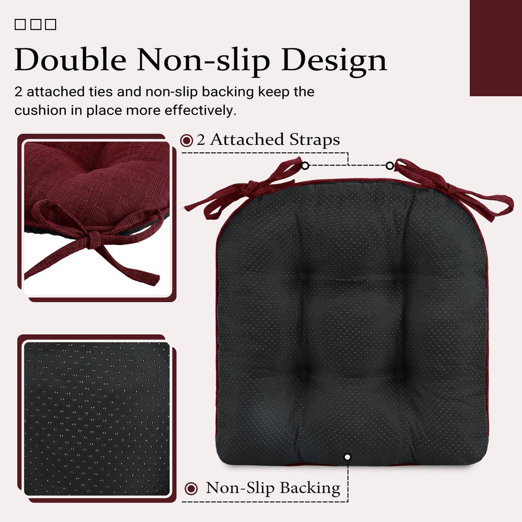 Wellsin Chair Cushions for Dining Chairs, Non-Slip Kitchen Chair Pads with Ties, Tufted Shredded Foam Kitchen Chair Cushions Set of 4, 15.5" X 15.5",Burgundy