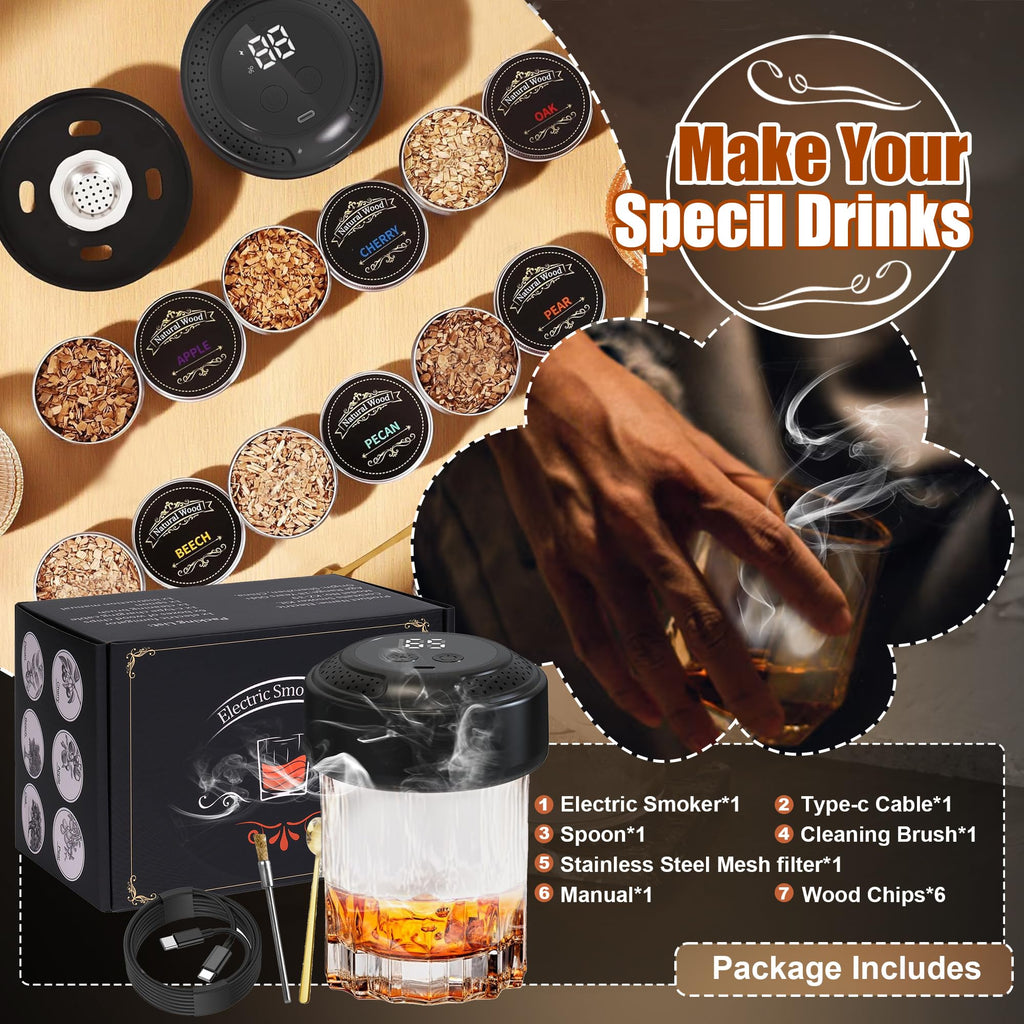 Electric Whiskey Smoker Kit With Light Modes, No Butane Needed, Rechargeable Cocktail Smoker Kit with LED Display & 6 Wood Chips, Old Fashioned Smoker Kit Bourbon Gifts for Men Dad Him