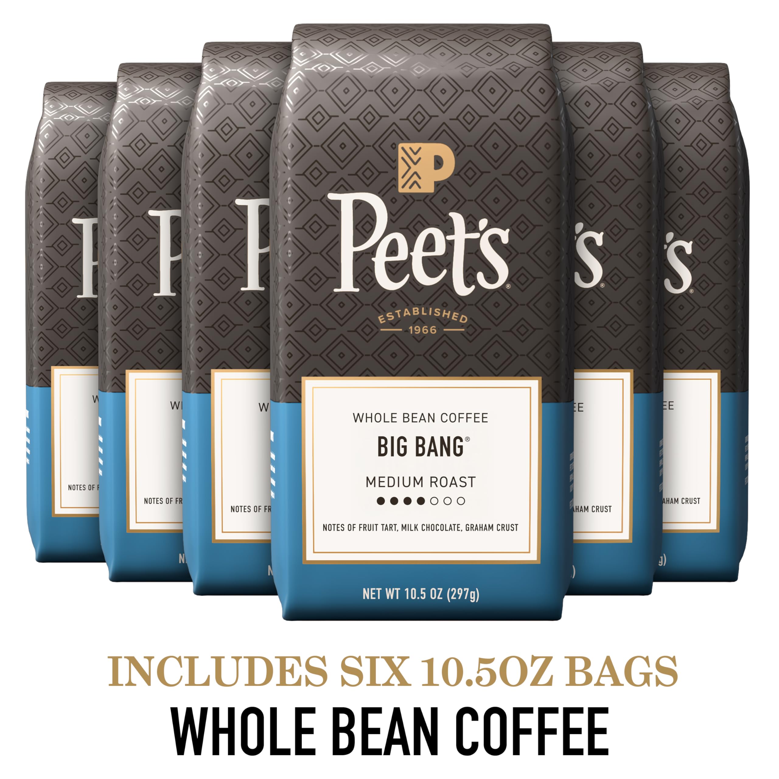Peet's Coffee, Medium Roast Whole Bean Coffee, 100% Arabica Coffee - Big Bang 63 Ounces (6 Bags of 10.5 Ounces)