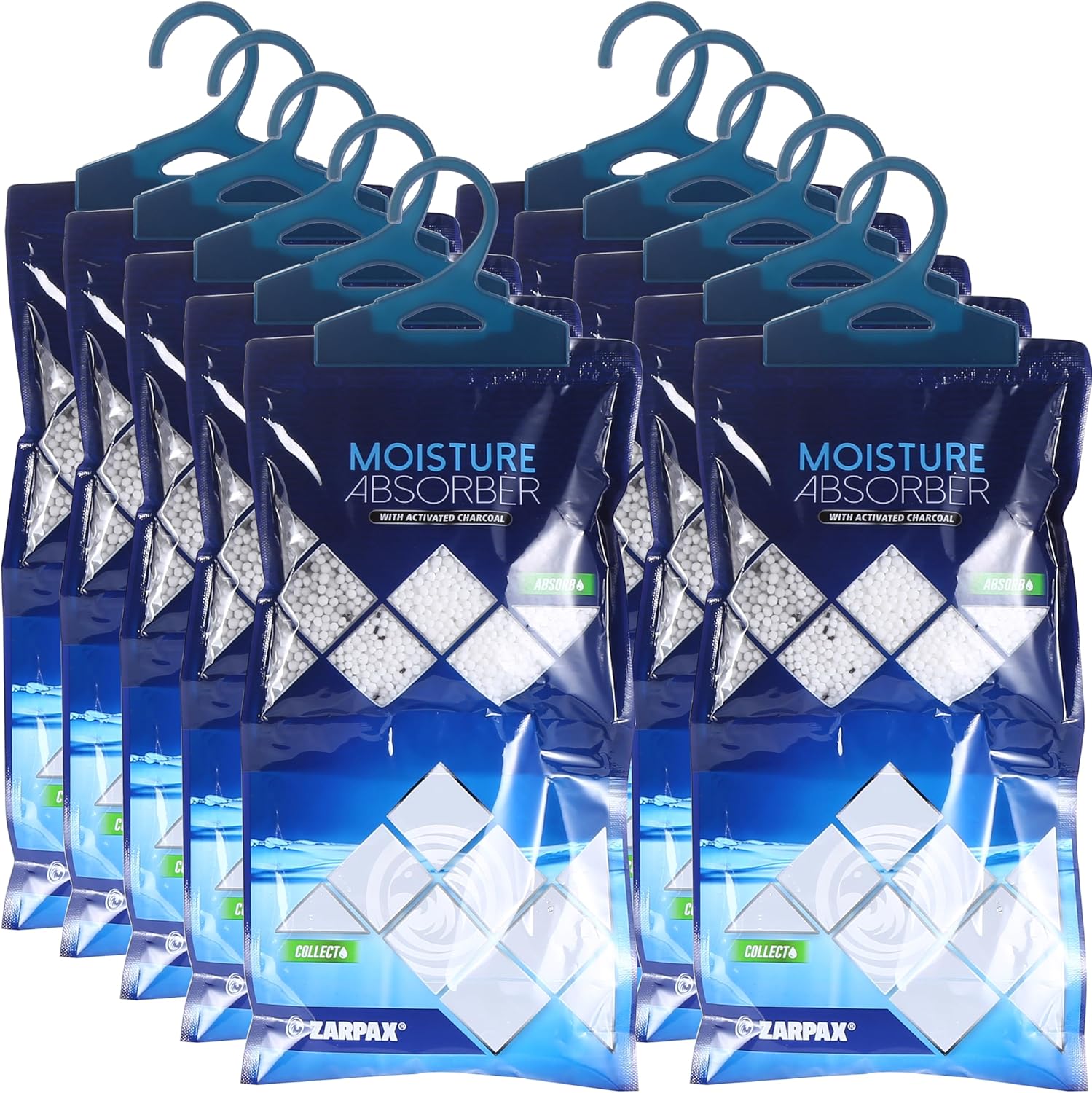 ZARPAX Activated Charcoal Moisture Absorber - 10.6 oz | Portable Dehumidifier Bags for Bathroom, Closet & Kitchen | Eliminates Humidity & Odors | Set of 10