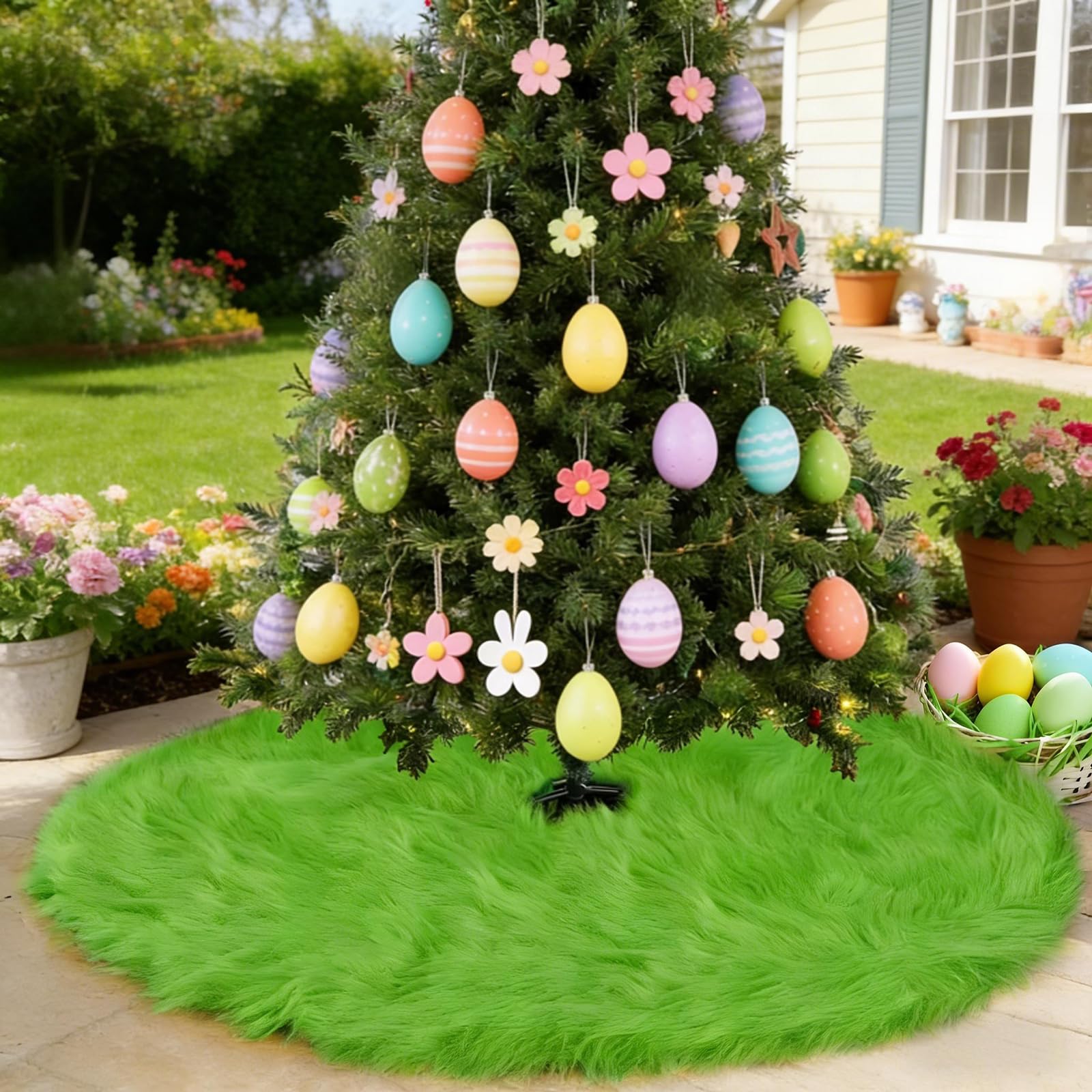 yuboo Spring Green Tree Skirt 48 inch, Large Fluffy Faux Fur Tree Skirt Decorations Ornaments for Artificial Trees 6-7.5 Ft, Furry Tree Rug Home Decor