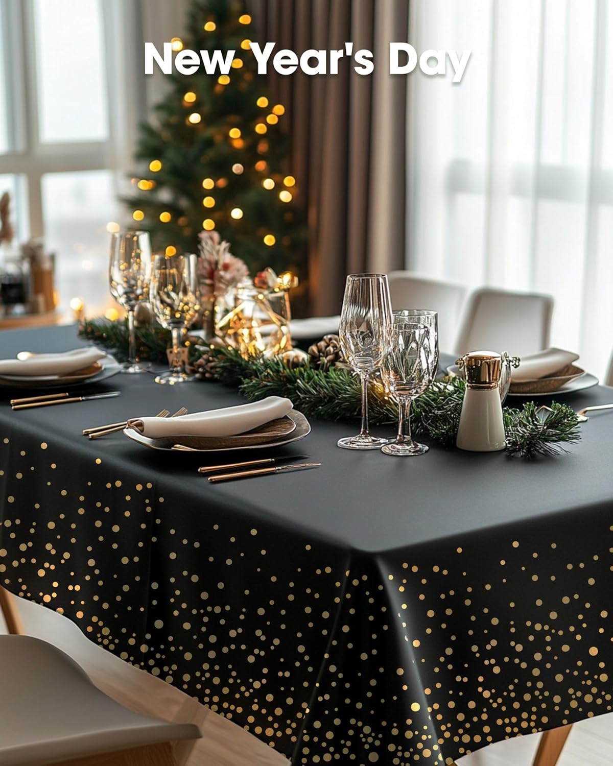 Pureegg Disposable Plastic Table Cloths - 10 Pack, 54 x 108 Inch, Sturdy Black & Gold Graduation Decor