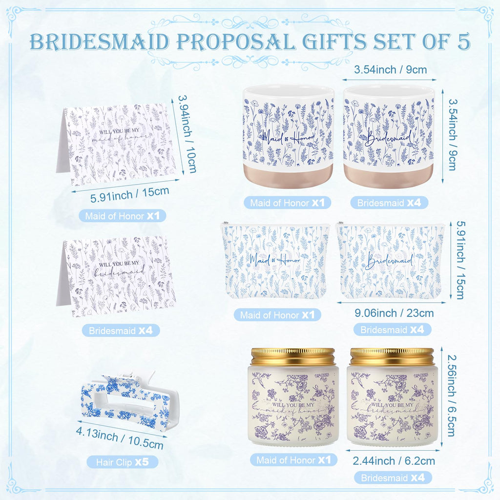 Nuanchu 25 Pcs Wedding Bridesmaid Proposal Gifts Maid of Honor Something Proposal Gift Ceramic Cup Bridesmaid Makeup Bag Invited Card Hair Claw Clip Lavender Scented Candle for Bridal Party(Blue)