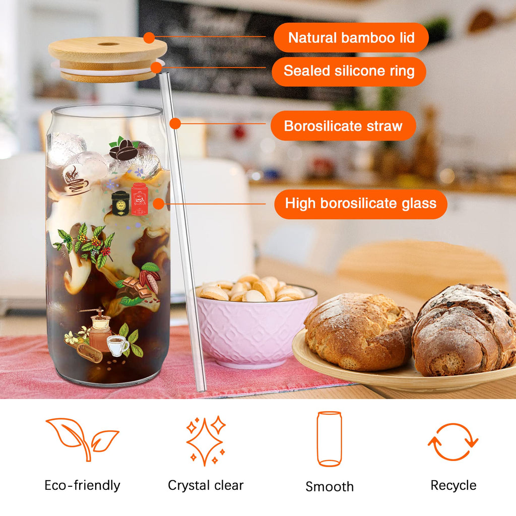 PeacePeo Glass Cups with Lids and Straws 20 Pcs 16 oz Ice Coffee Cup Skinny and Long Can Beer Cups Set Drinking Glasses with Bamboo Lids Reusable Glass Cups Ideal for Smoothies & Beverages