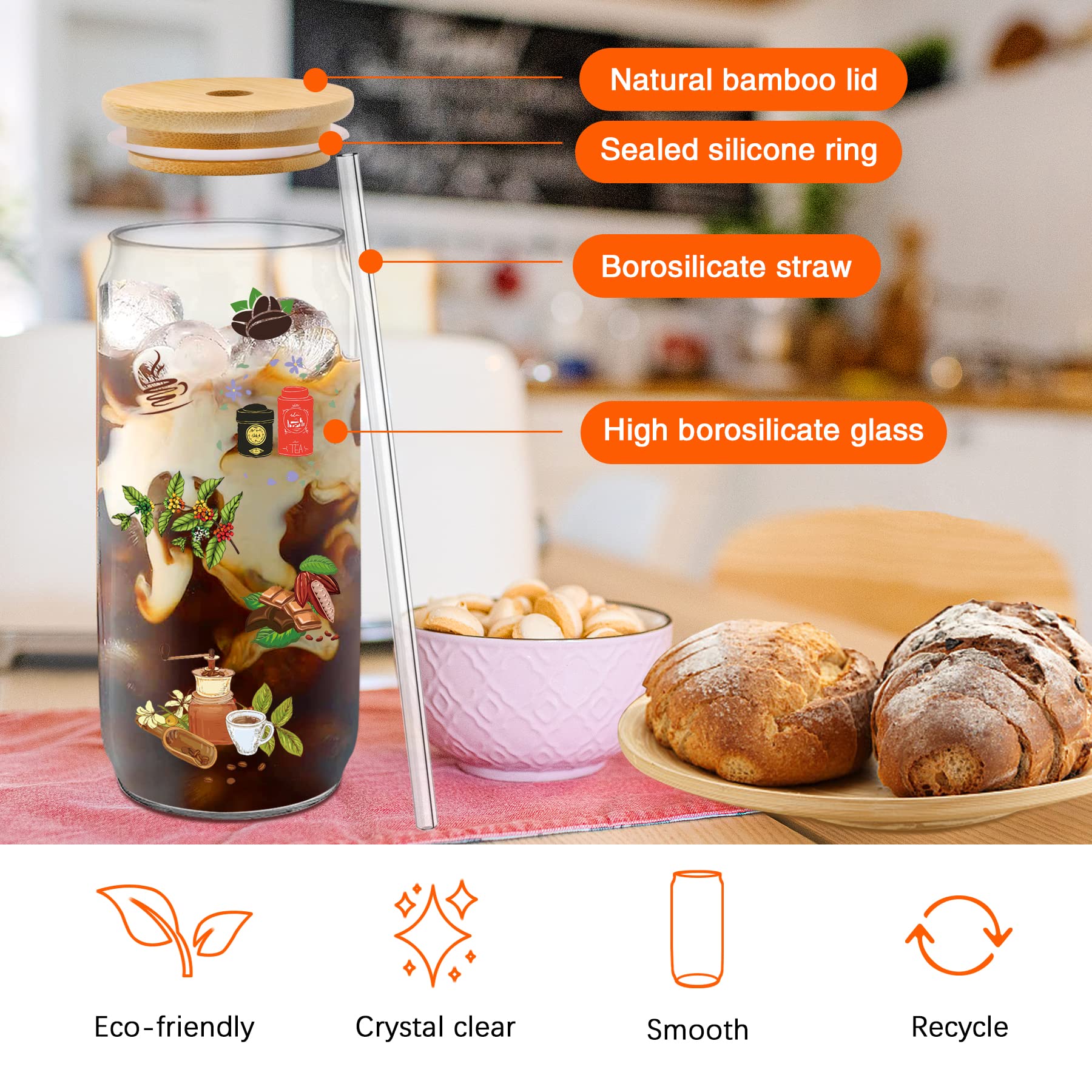 PeacePeo Glass Cups with Lids and Straws 20 Pcs 16 oz Ice Coffee Cup Skinny and Long Can Beer Cups Set Drinking Glasses with Bamboo Lids Reusable Glass Cups Ideal for Smoothies & Beverages