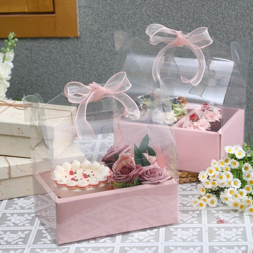 Honeydak 10 Kit 4 Inch Cake and Flower Clear Boxes, Portable Clear Gift Box for Cake Flower Pack Together, Transparent Gift Packaging with Ribbon for Valentine Wedding Holiday Party Favors(Pink)