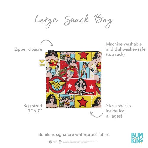 Bumkins Reusable Sandwich and Snack Bags, DC Comics Wonder Woman for Kids Lunch Bags and for Adults, Washable Fabric, Cloth Zip Bag, Dishwasher-Safe, Food-Safe (Pack of 2)