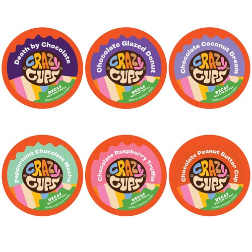 Crazy Cups Decaf Chocolate Coffee Pods, 72 Count Variety Pack, Dark Roast, Compatible with Keurig K Cup Machines, Vegan, Gluten Free, Kosher Certified
