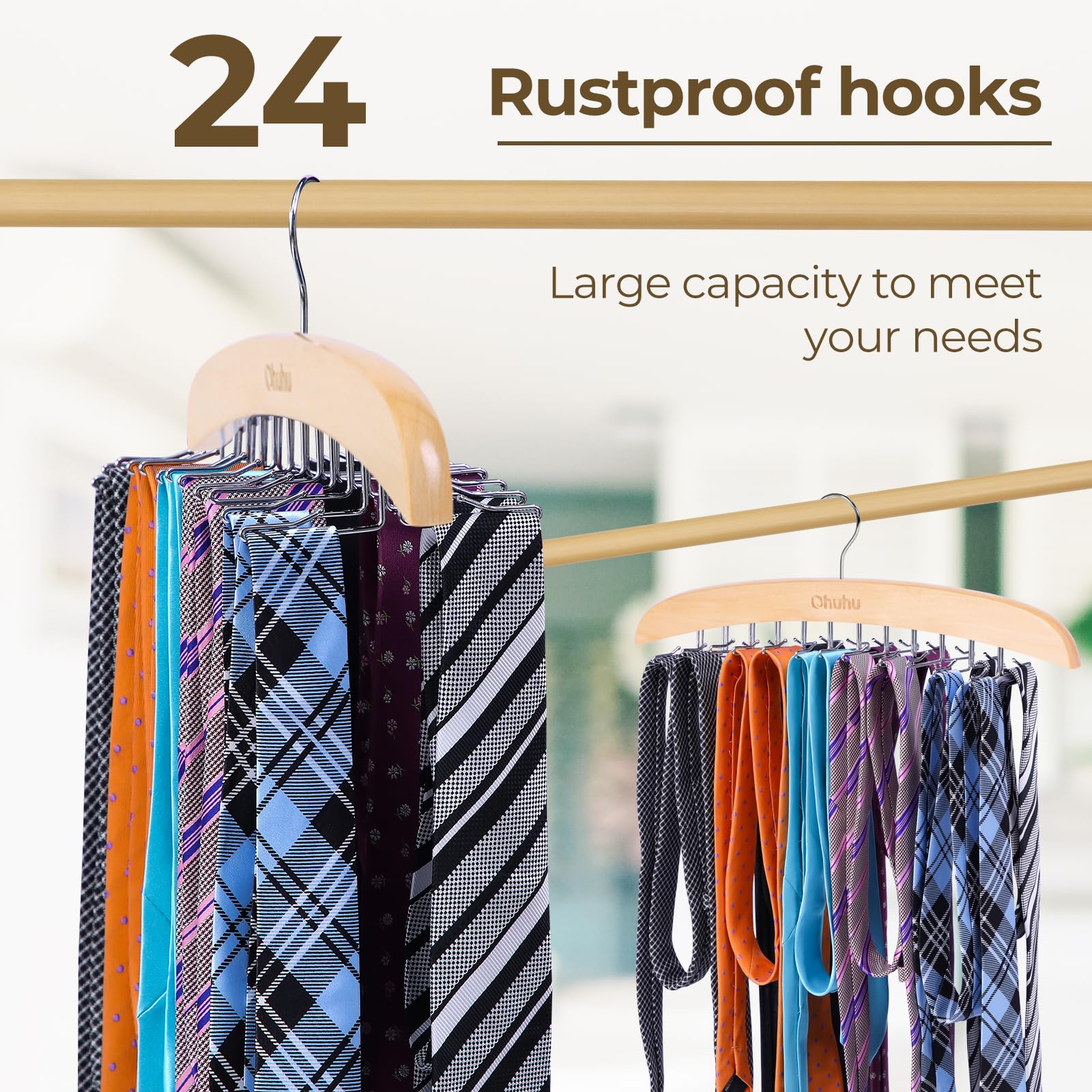 Ohuhu 24-Hook Wooden Tie Rack Organizer - Space Saving Closet Hanger with 360° Rotating Hooks, Anti-Slip Clips for Ties, Belts, Scarves - Premium Hardwood & Rustproof Steel Construction