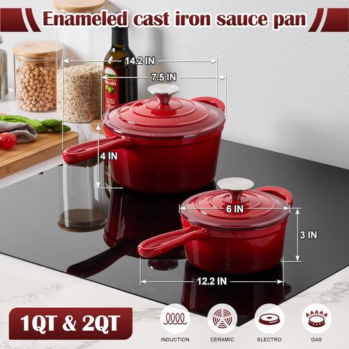 E-far Enameled Cast Iron Sauce Pan Set - 1Qt & 2Qt Heavy Duty Dutch Ovens with Self-Basting Lids | Induction-Ready, Easy Clean, Red
