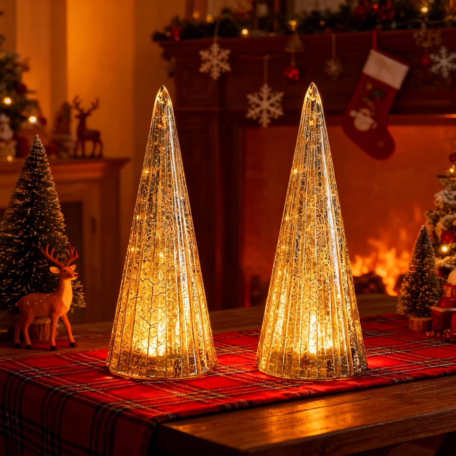 Regine Switzerland Mercury Glass Christmas Trees - Set of 2 Silver LED Figurines for Indoor Decor