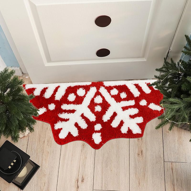 Tinideya Red Christmas Snowflake Semicircle Bathroom Rug Doormat - 18.9 x 34.6 in, Plush Microfiber